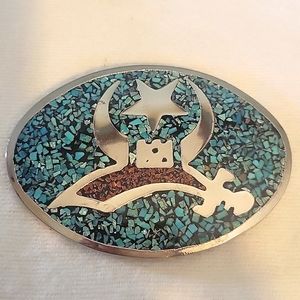 VINTAGE Silver and Turquoise Chip Belt Buckle